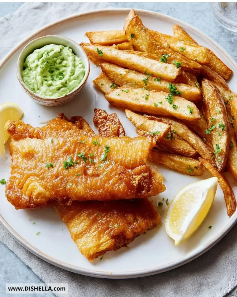 Air-fried fish and chips on a plate, crispy and golden brown.
