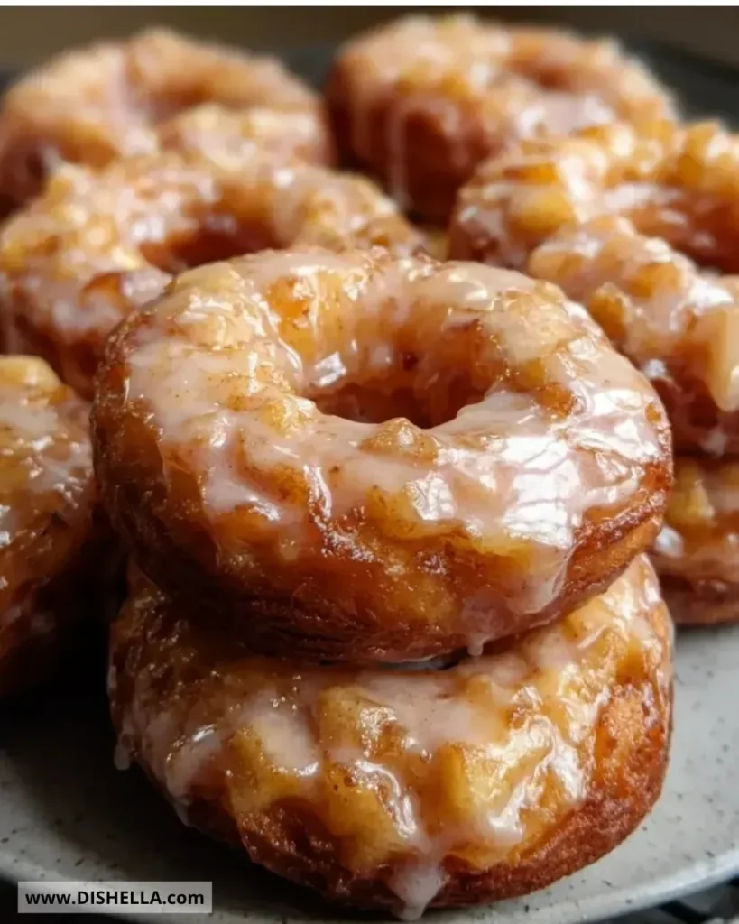 Baked apple donuts with glaze on a wooden plate