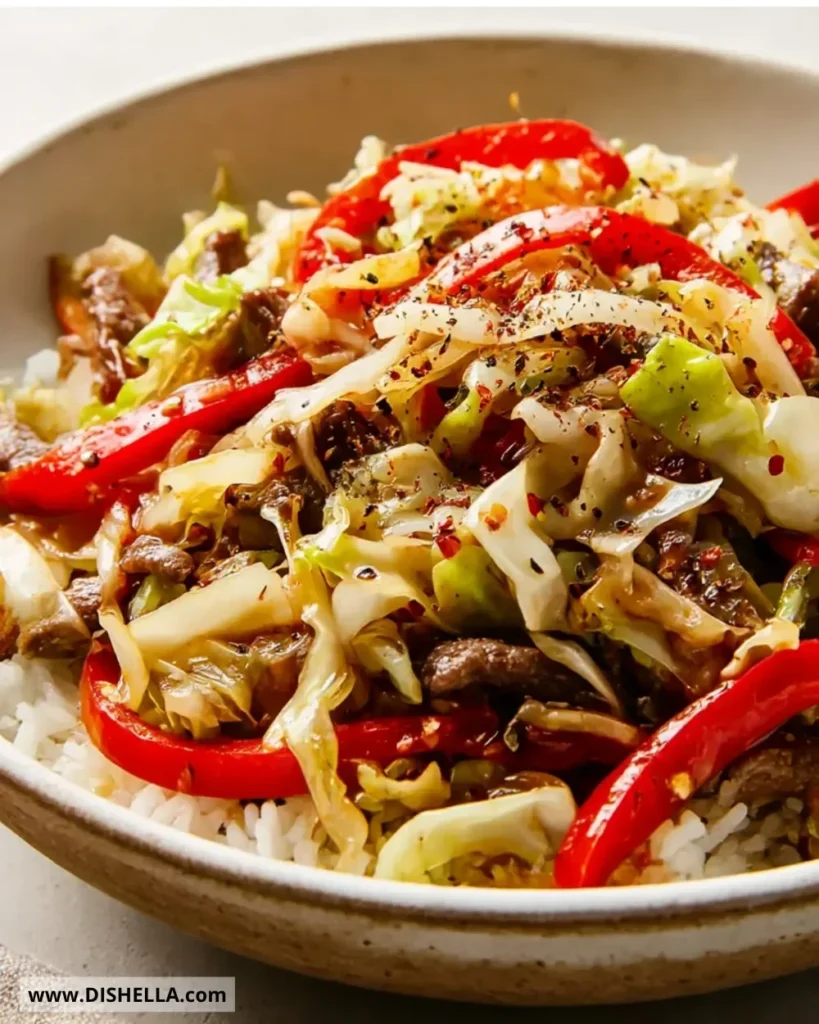 Black Pepper Beef and Cabbage Stir-Fry served in a bowl with colorful vegetables.