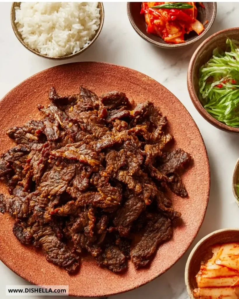 Delicious bulgogi dish with marinated beef, served with vegetables and rice.