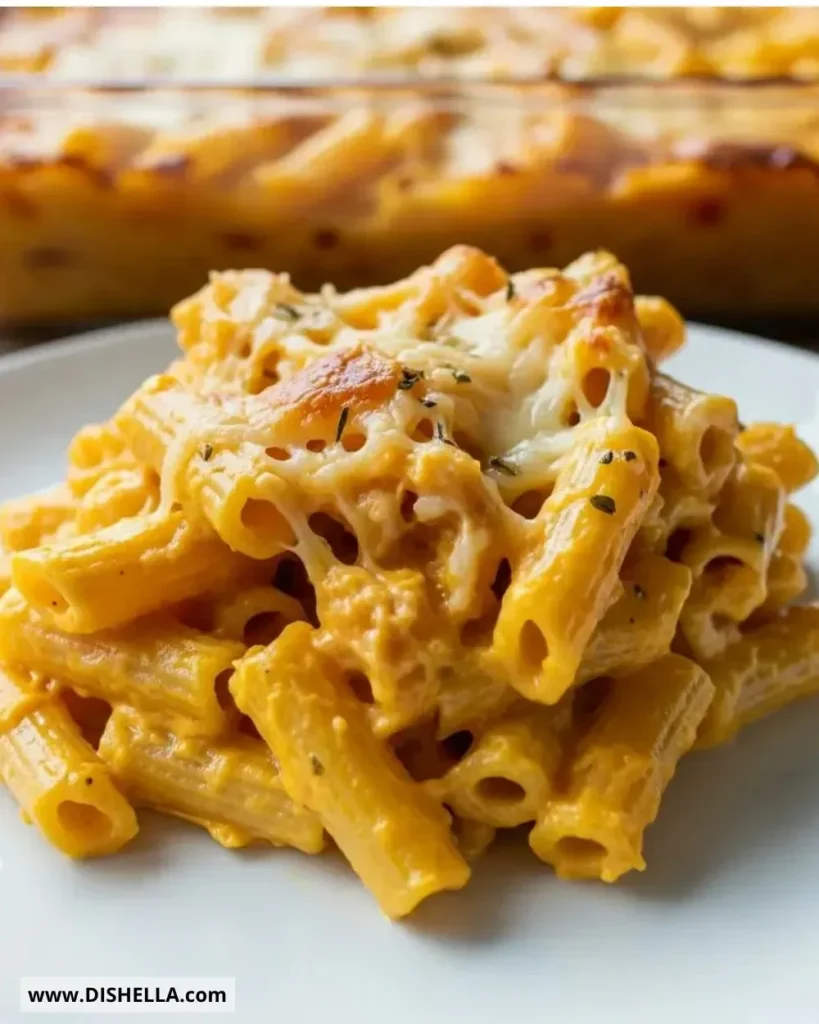 Baked Butternut Squash Alfredo Pasta topped with cheese and herbs