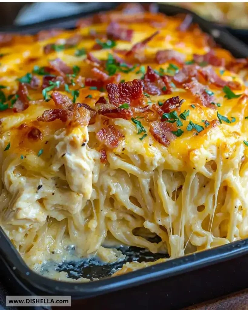 Creamy Southern Spaghetti Bake served in a casserole dish with cheese topping