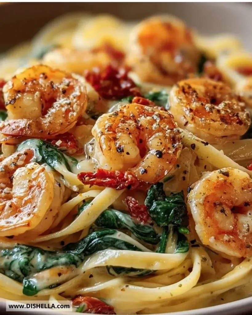 Creamy sun-dried tomato shrimp served over spinach fettuccine