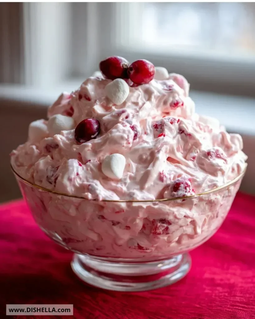Delicious serving of Divine Cranberry Fluff dessert with cranberries and whipped cream