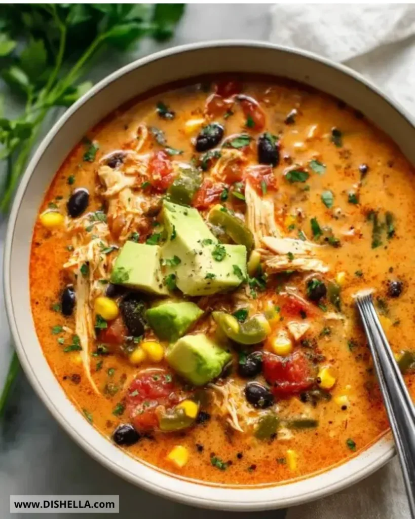 Bowl of easy chicken taco soup garnished with cilantro and tortilla strips