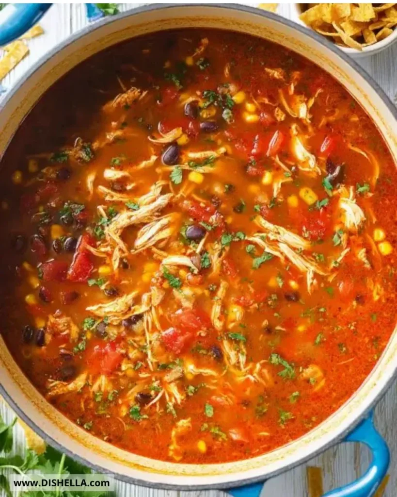 Bowl of easy chicken tortilla soup topped with crispy tortilla strips and avocado slices