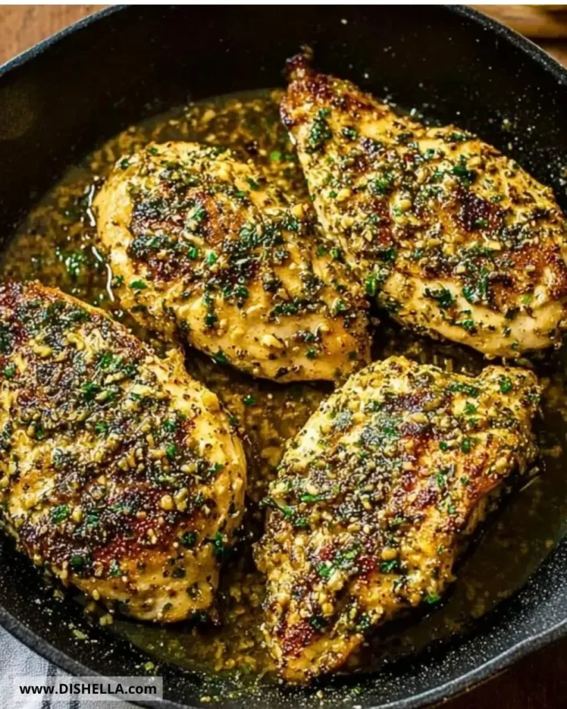 Delicious lemon garlic chicken served with fresh herbs and lemon slices