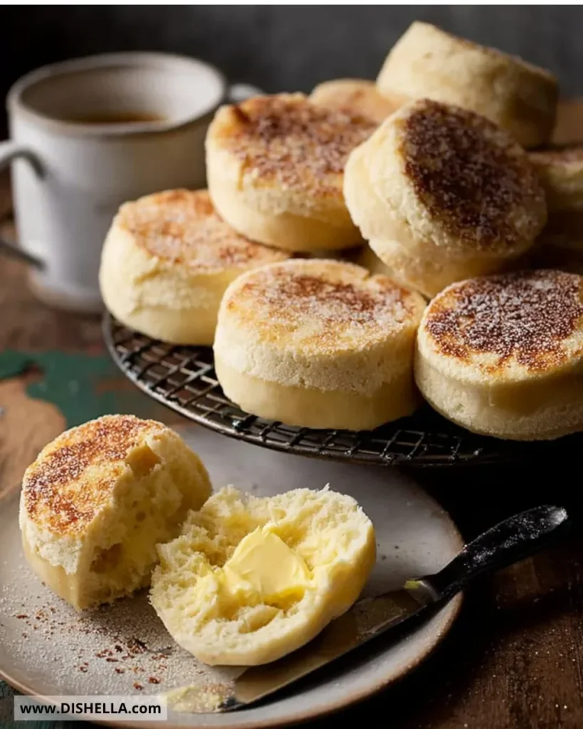 Freshly baked English muffins, golden brown and ready to enjoy for breakfast.