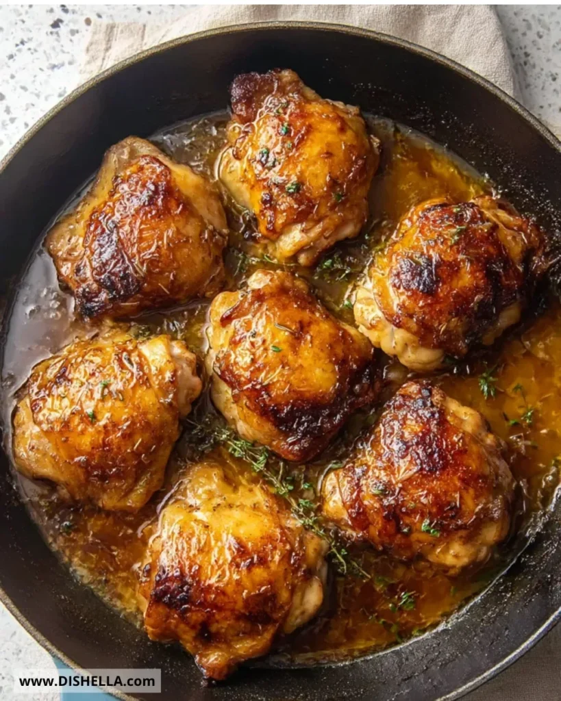 Plate of Garlic-Brown Sugar Chicken Thighs garnished with herbs