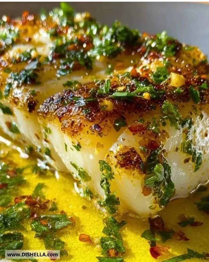 Delicious Garlic Butter Cod served on a plate with herbs and lemon wedges