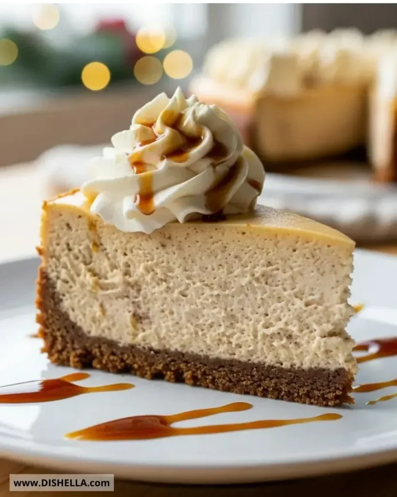 A delicious slice of Gingerbread Cheesecake topped with whipped cream and spices.