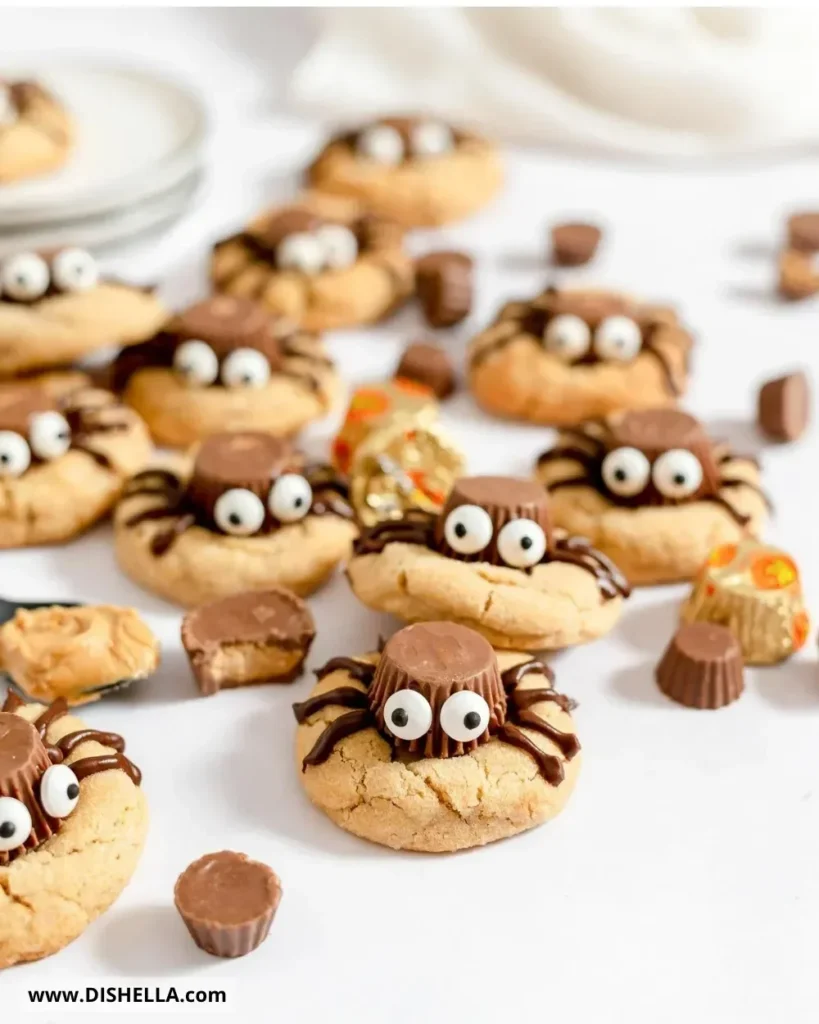 Halloween peanut butter spider cookies decorated with candy and chocolate