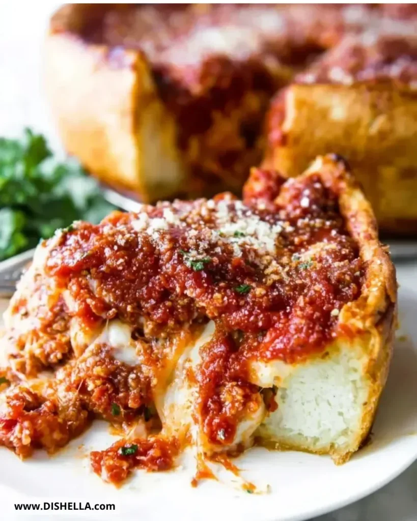 Homemade Chicago Style Deep Dish Pizza with layers of cheese and toppings