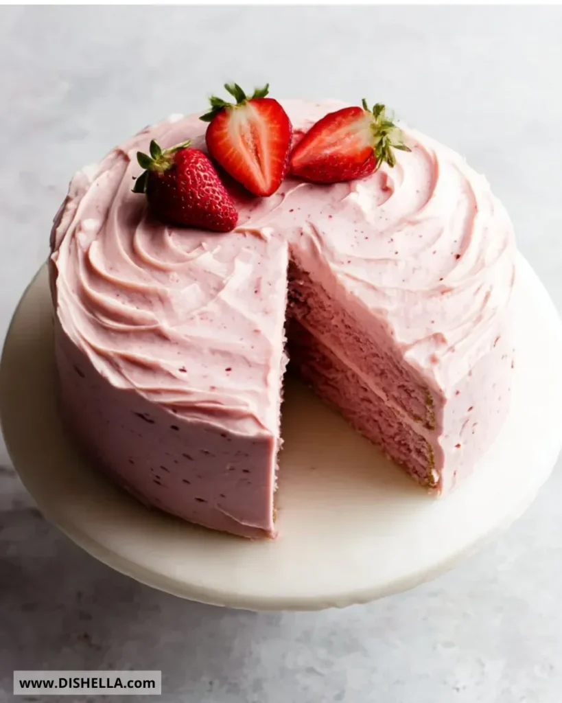 Delicious homemade strawberry cake topped with fresh strawberries and cream