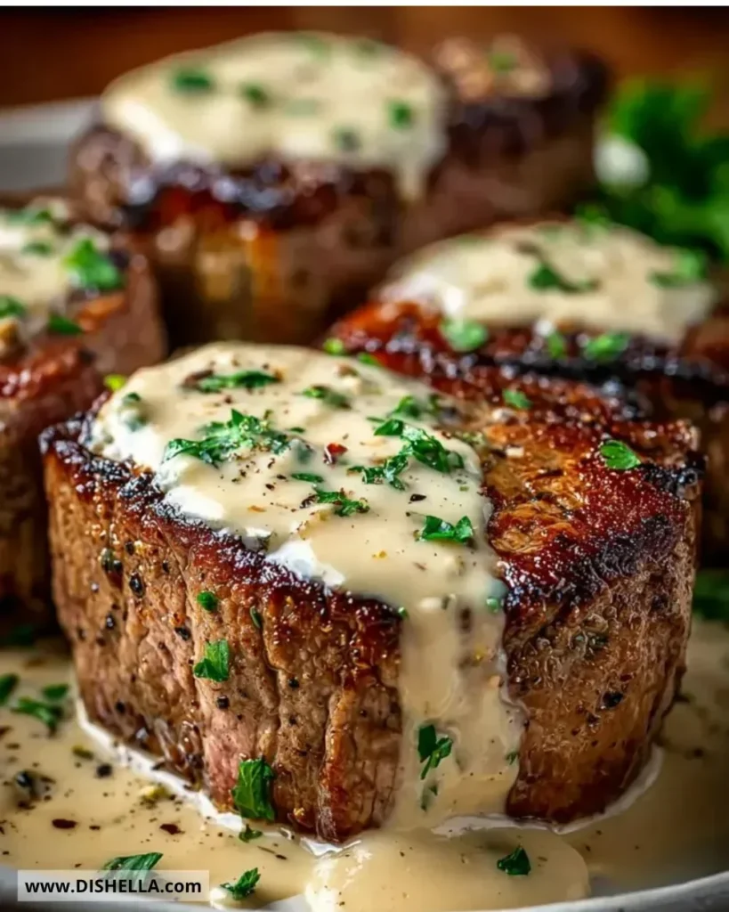 Juicy steak served with creamy garlic sauce garnished with herbs.