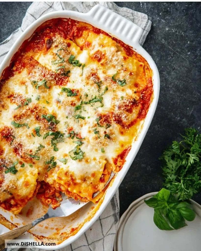Delicious Million Dollar Ravioli Casserole topped with cheese and herbs