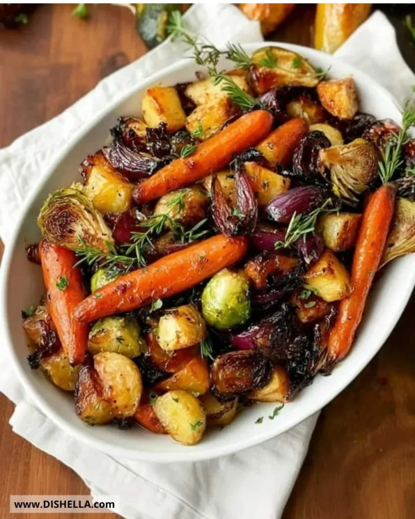 Plate of colorful oven roasted vegetables including bell peppers, carrots, and zucchini