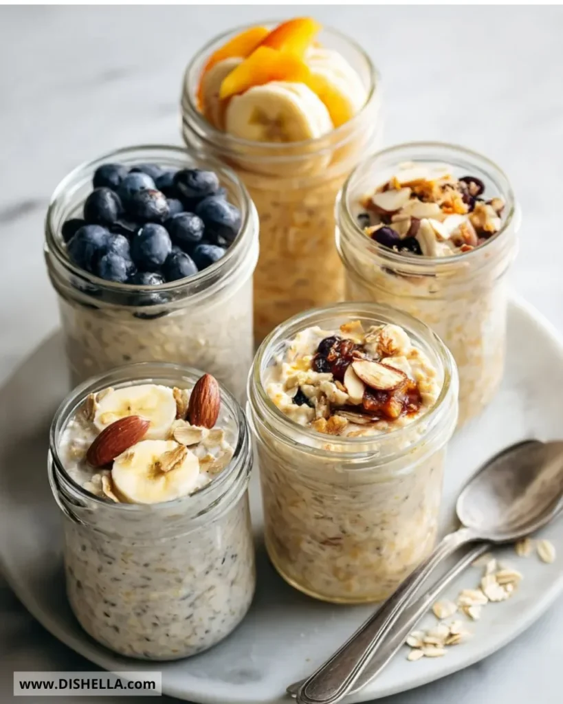 A bowl of colorful overnight oats topped with fruits and nuts.