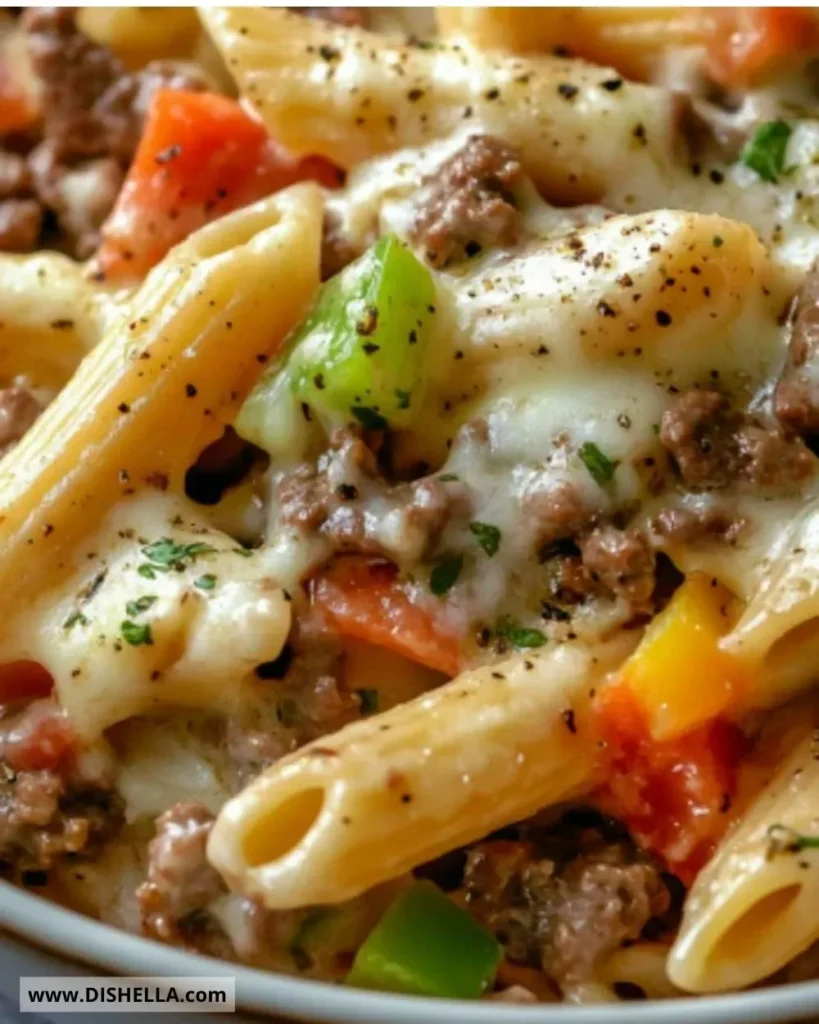 Delicious Philly Cheesesteak Pasta served in a bowl