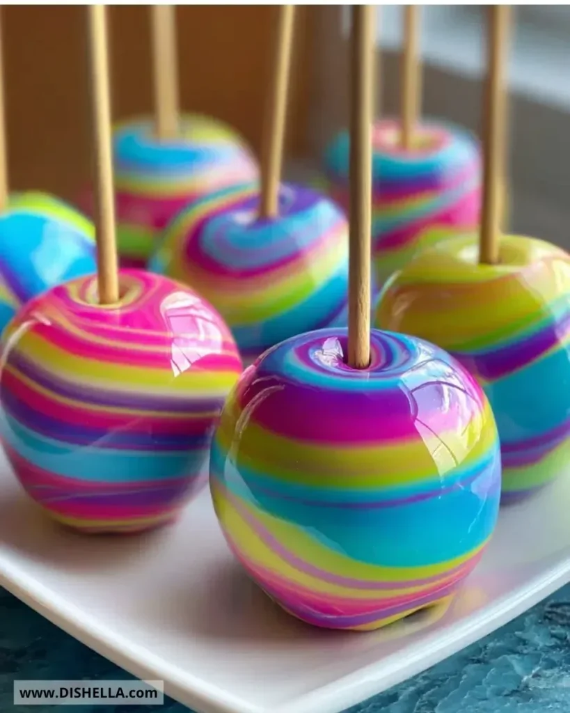 Colorful rainbow swirl candy apples on a wooden stick, perfect for festive celebrations.