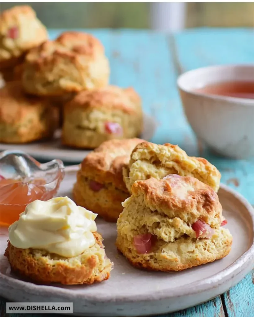 Freshly baked Rhubarb Custard Scones with a golden crust and sweet filling