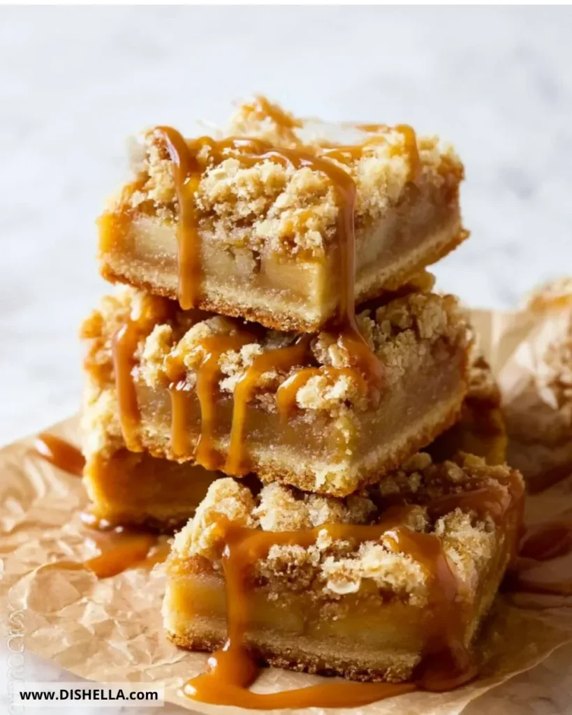 Delicious salted caramel apple pie bars topped with drizzled caramel