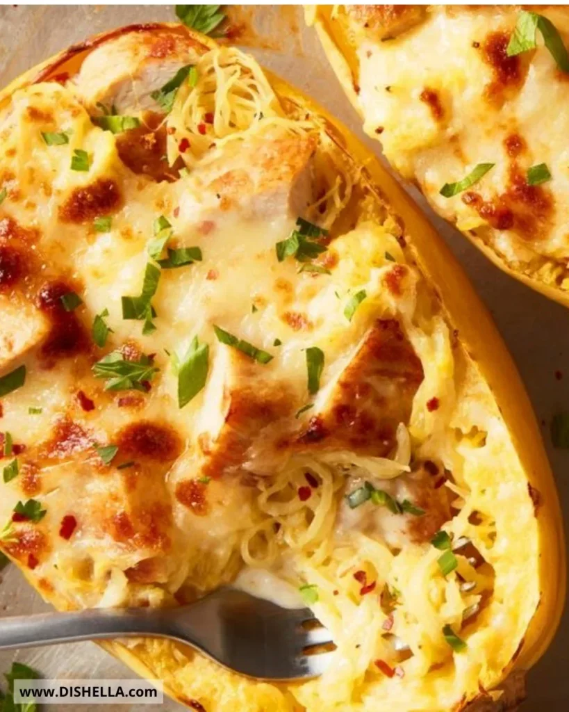 Bowl of Spaghetti Squash Alfredo with creamy sauce and fresh parsley.