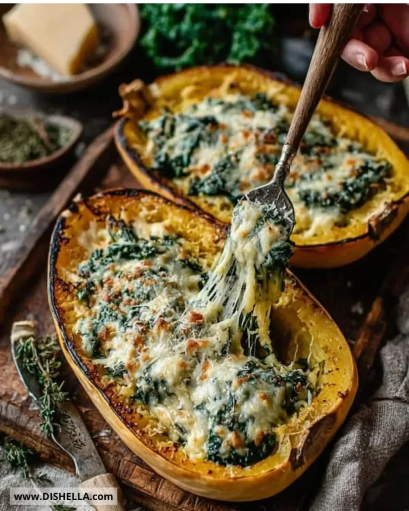 Spaghetti squash topped with mushroom and spinach cream sauce served in a bowl