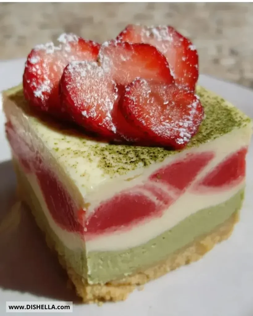 Slice of Strawberry Matcha Latte Cheesecake topped with fresh strawberries and matcha powder