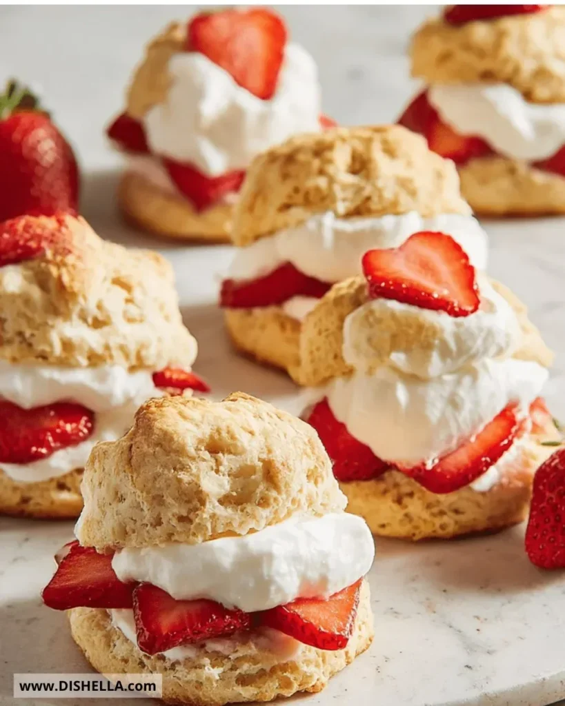 Freshly baked strawberry shortcake biscuits topped with whipped cream and strawberries