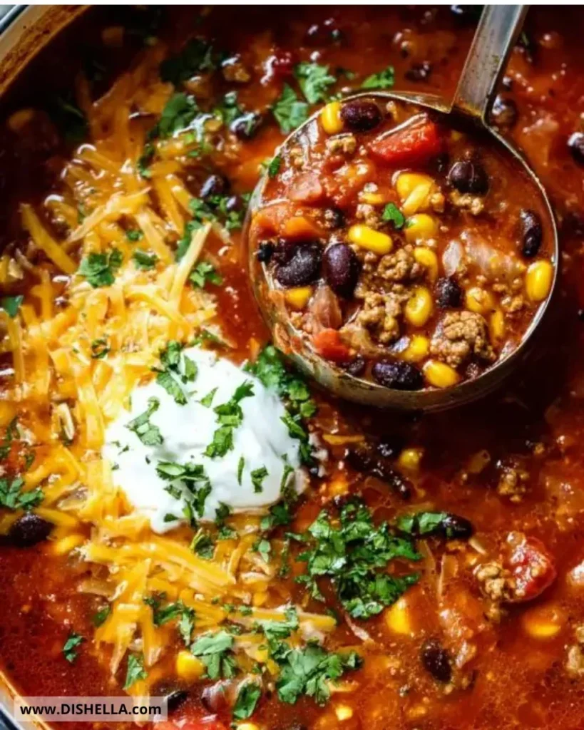 Delicious bowl of taco soup topped with cheese and cilantro