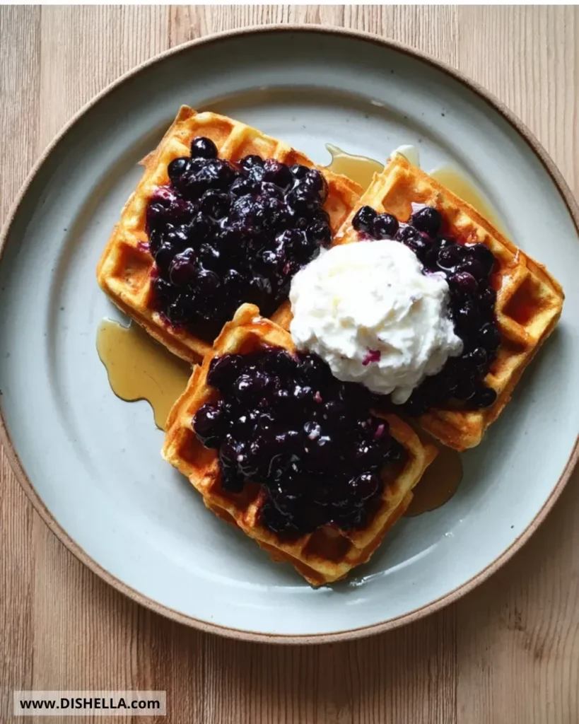 Delicious waffles topped with blueberry compote and lemon ricotta cream