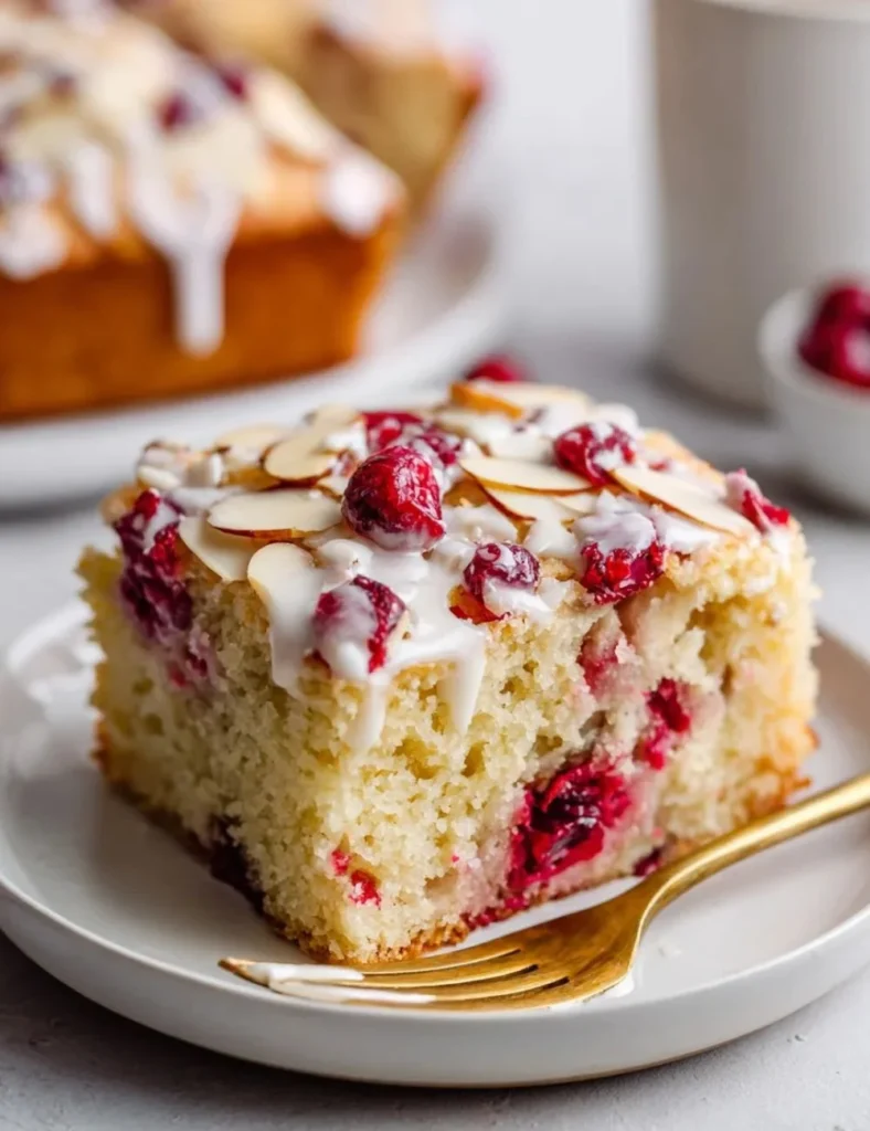 A delicious slice of almond cranberry cake topped with fresh cranberries and almond slivers.
