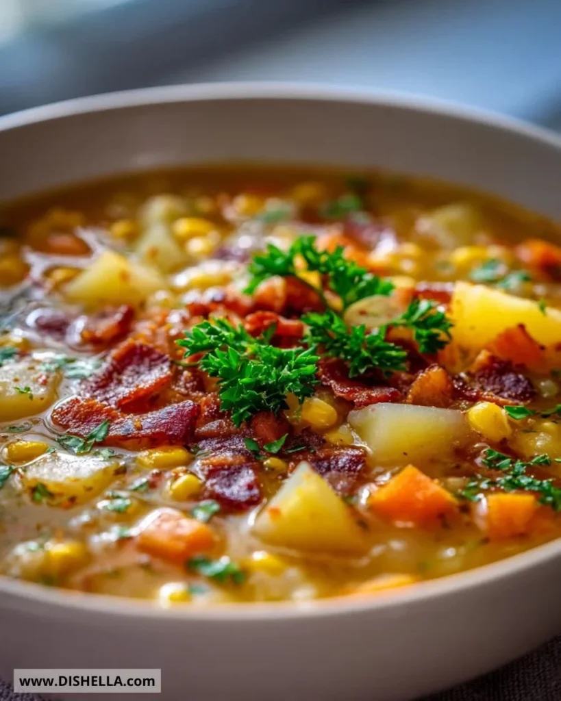 Bowl of Amish Snow Day Soup topped with herbs and spices