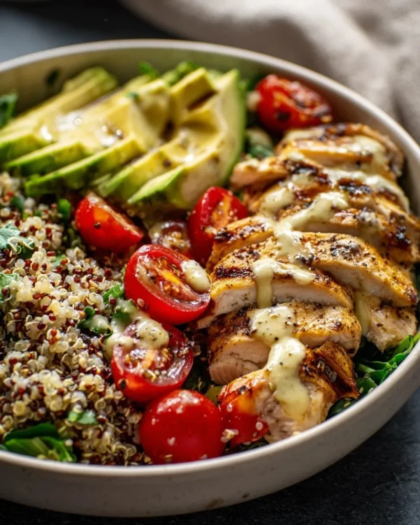 Healthy Avocado Chicken Quinoa Bowl with fresh ingredients and vibrant colors