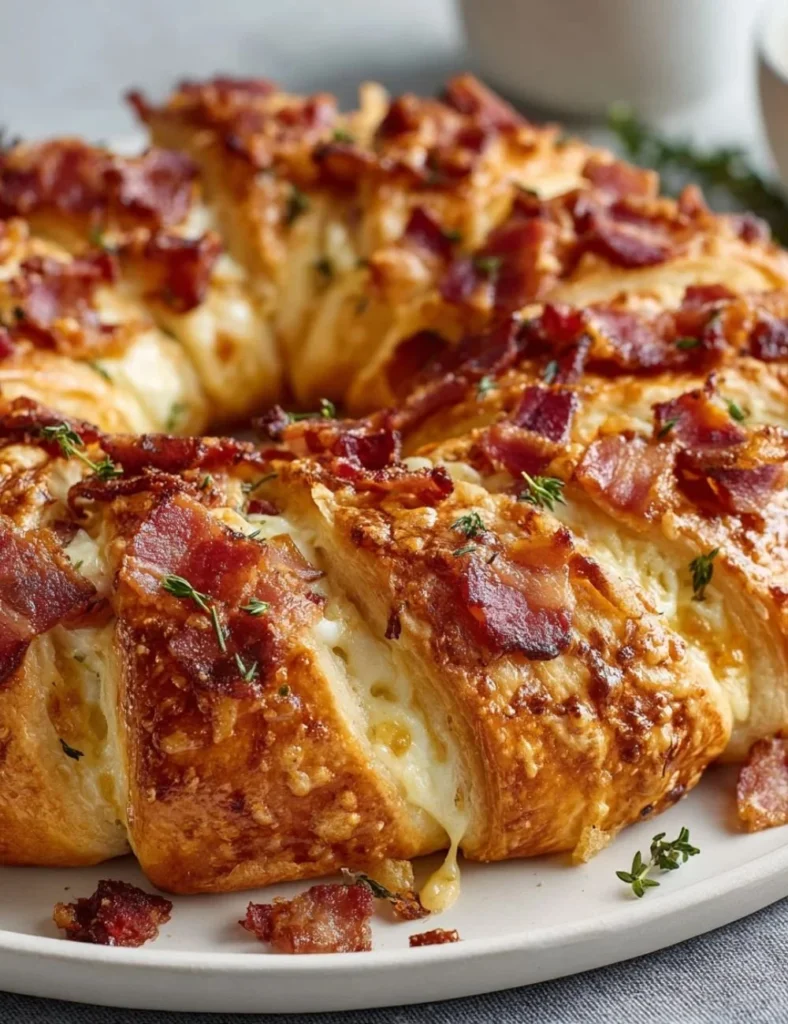 Bacon Brie Crescent Wreath baked and ready to serve as a festive appetizer
