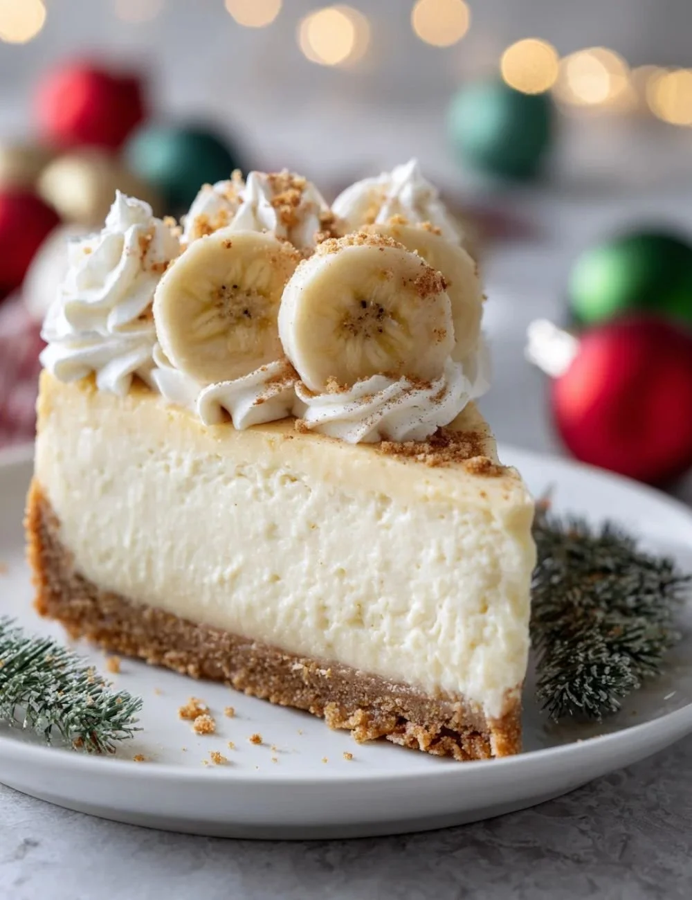 Delicious slice of Banana Cream Cheesecake topped with banana slices and whipped cream