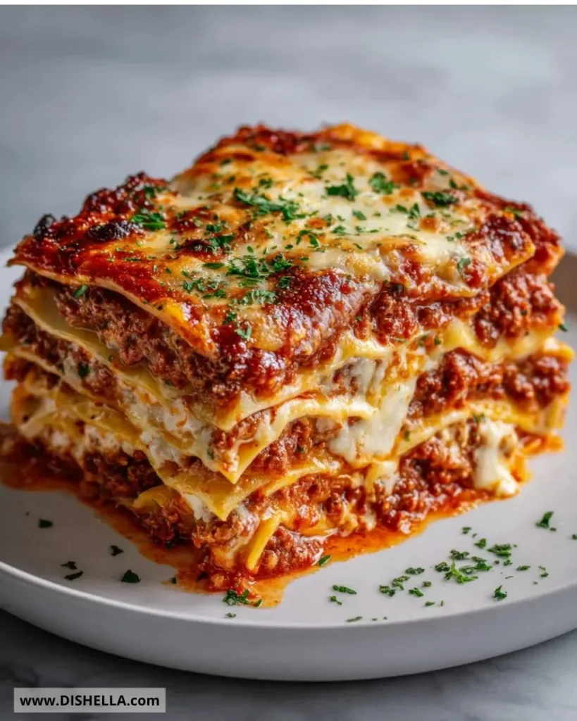 Delicious homemade beef lasagna with layers of cheese and rich sauce