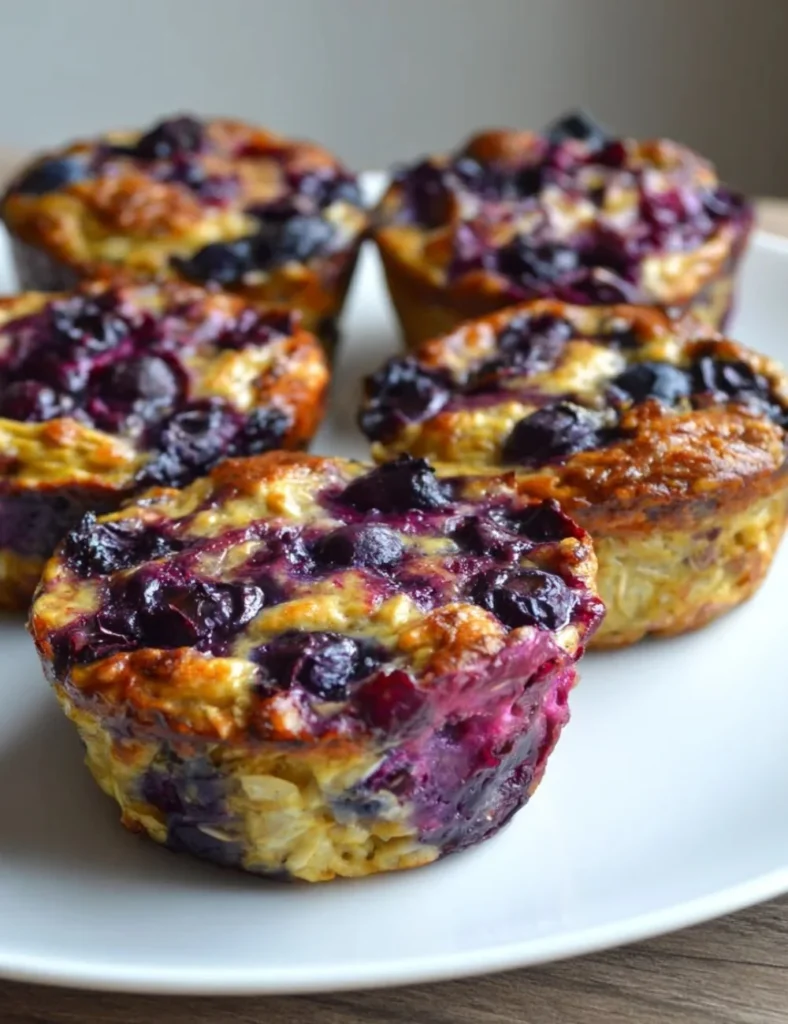 Blueberry Banana Baked Oatmeal Cups served on a plate with fresh fruits