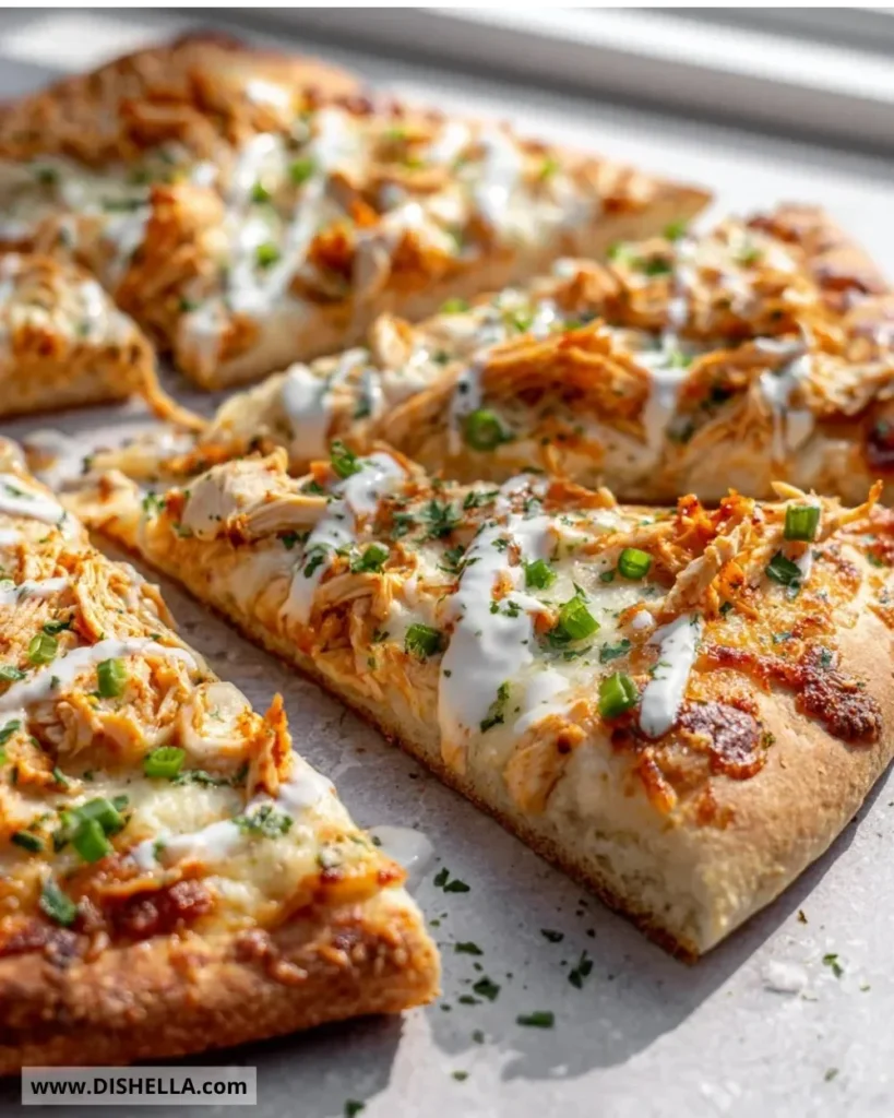 Buffalo Chicken Flatbread Pizza topped with spicy chicken and cheese