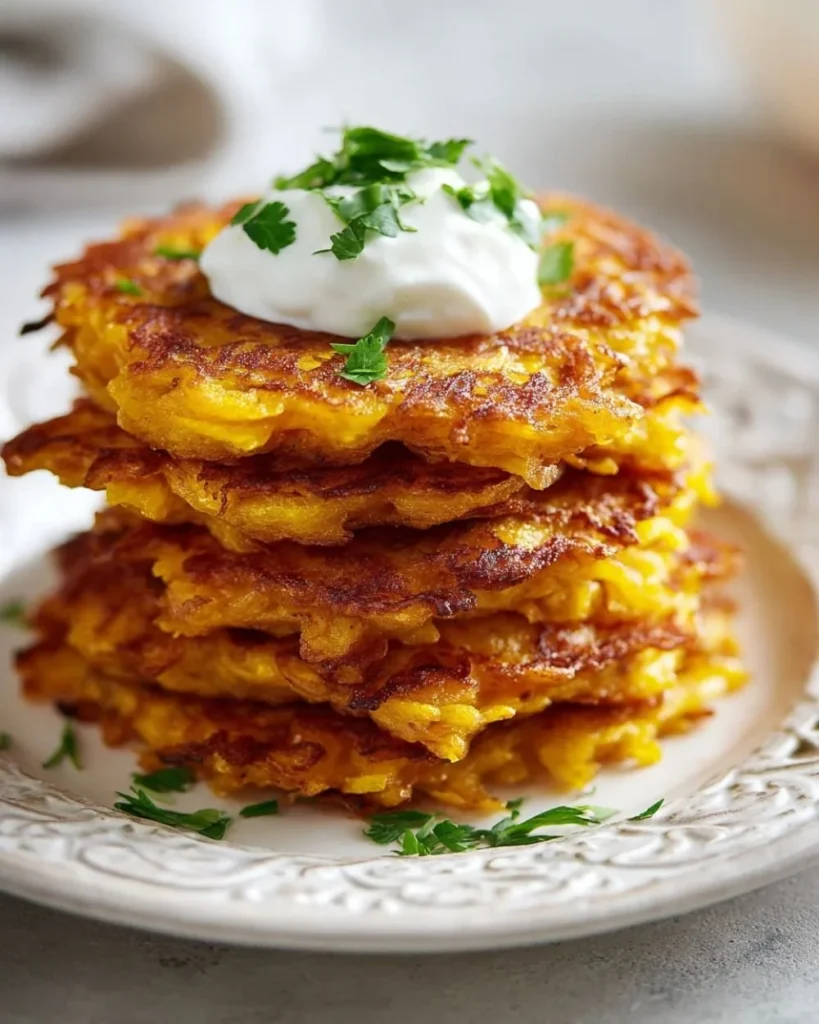 Golden-brown butternut squash fritters served on a plate with dipping sauce