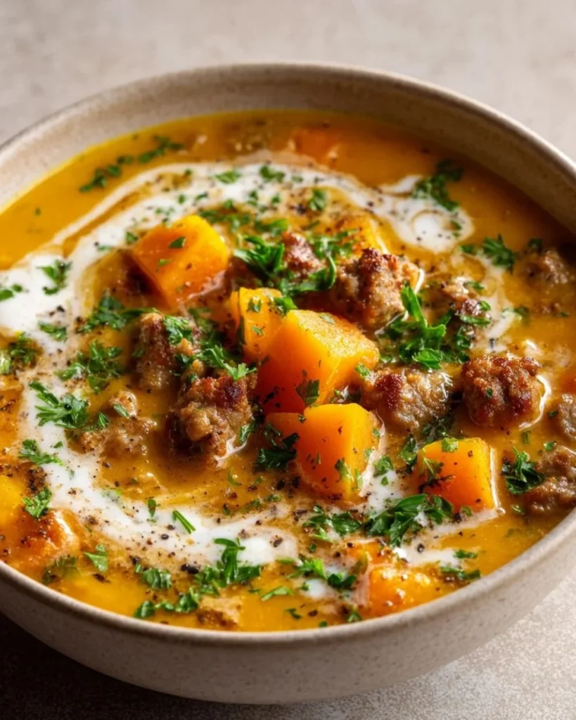 Bowl of creamy butternut squash soup garnished with herbs and spices.