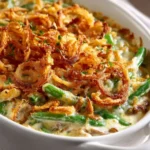 Campbell's Green Bean Casserole topped with crispy onions ready to serve