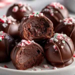 Candy Cane Brownie Bombs decorated with festive swirls and peppermint pieces