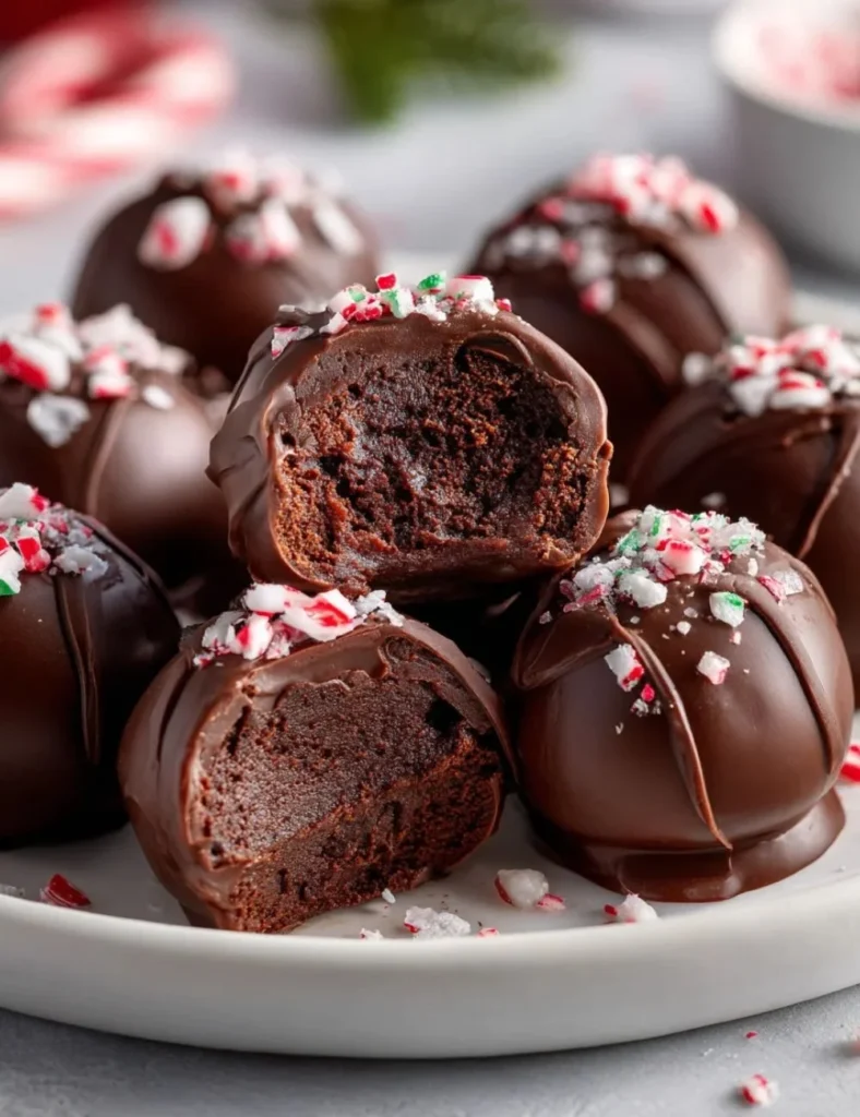 Candy Cane Brownie Bombs decorated with festive swirls and peppermint pieces