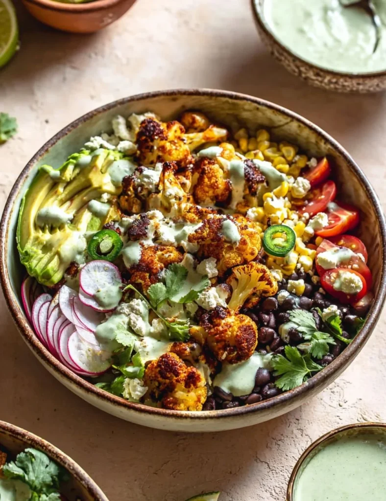 Delicious Cauliflower Burrito Bowls topped with Jalapeño Ranch dressing