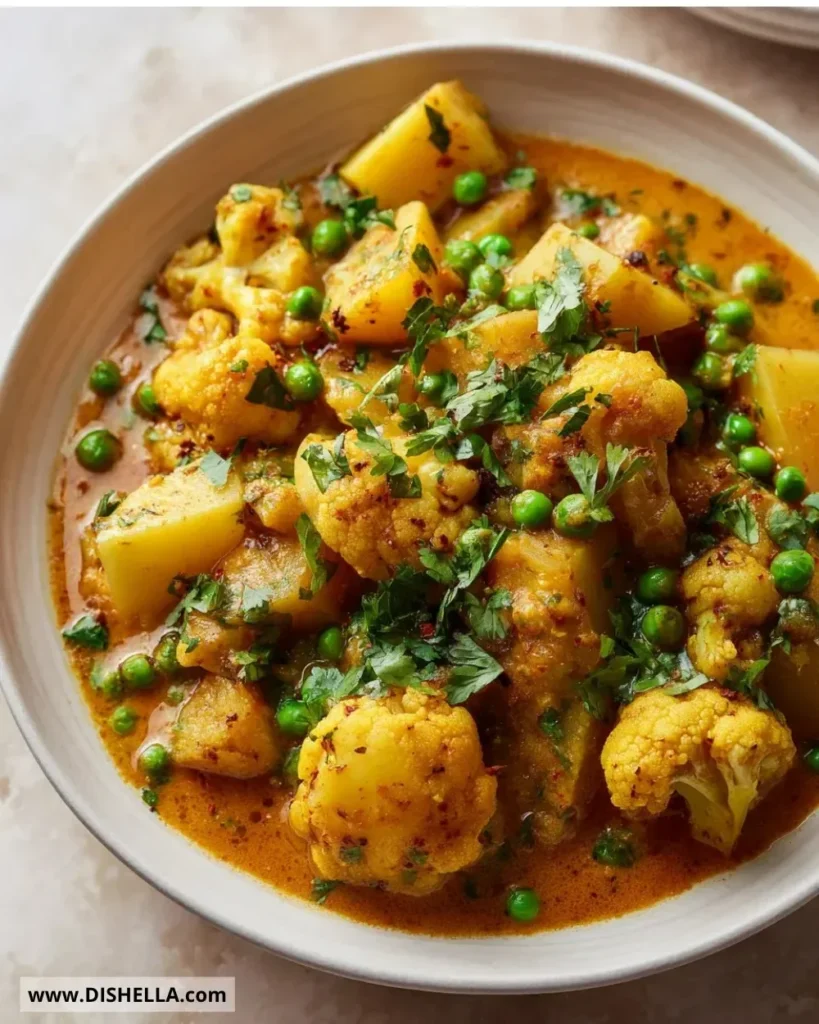 Delicious cauliflower potato curry served in a bowl