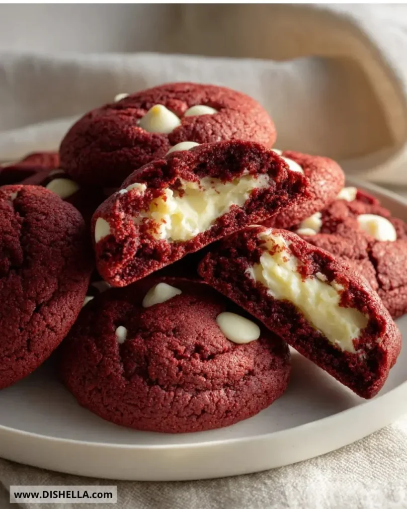 Cheesecake stuffed red velvet cookies displayed on a plate