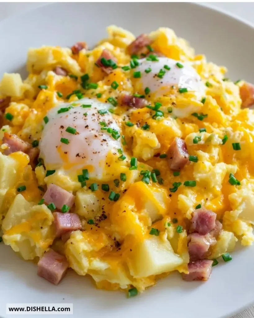 Delicious cheesy potato egg scramble plated for breakfast