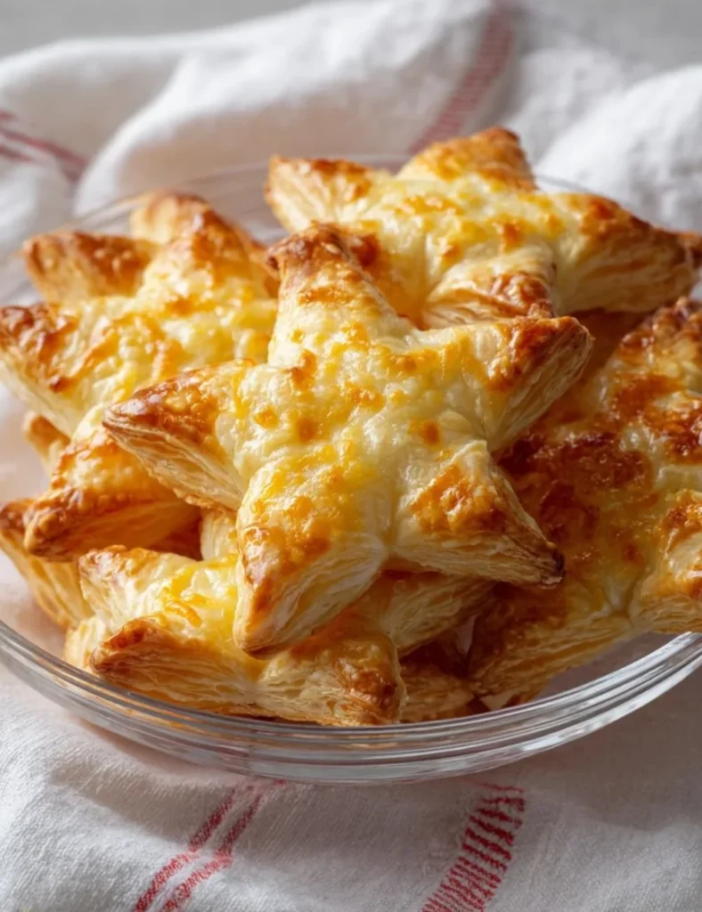 Cheesy puff pastry stars fresh out of the oven, golden and flaky.